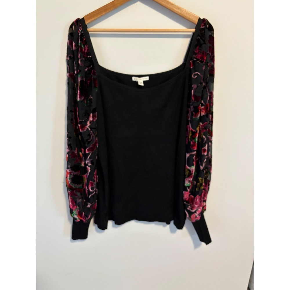 Cato coquette Black Ribbed Top Velvet Floral Mesh sheer Sleeve 18/20 cottagecore